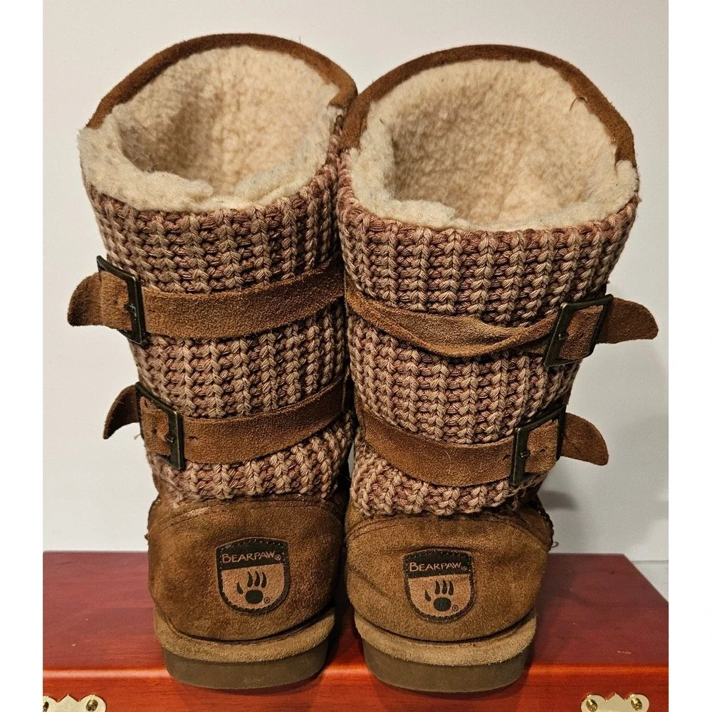 Bearpaw Rosie Womens 8 Hickory Brown Suede Knit Buckle Mid Calf Boots 02754-00 *